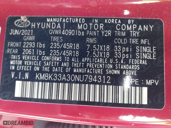 2022 Hyundai Kona N Line with VIN KM8K33A30NU794312, listed as a IAAI auction lot 41875100 with 21,880 mi miles. Bid and sale history available at carsss.com. Image 9.