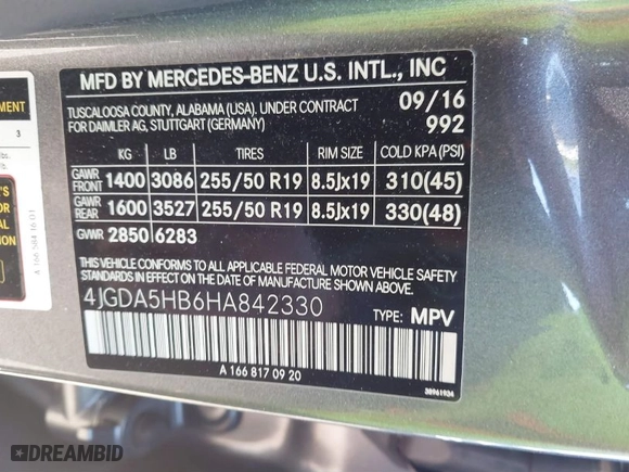 2017 Mercedes-Benz GLE with VIN 4JGDA5HB6HA842330, listed as a IAAI auction lot 40862708 with NaN miles. Bid and sale history available at carsss.com. Image 9.