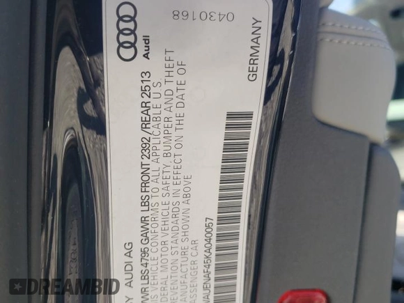 2019 Audi A4 Premium Plus с VIN WAUENAF45KA040057, выставлен на аукционе Copart как лот 55023265 с пробегом 41 800 миль миль и На запчасти • Non repairable. История ставок и продаж доступна на DreamBid. Изображение 12.