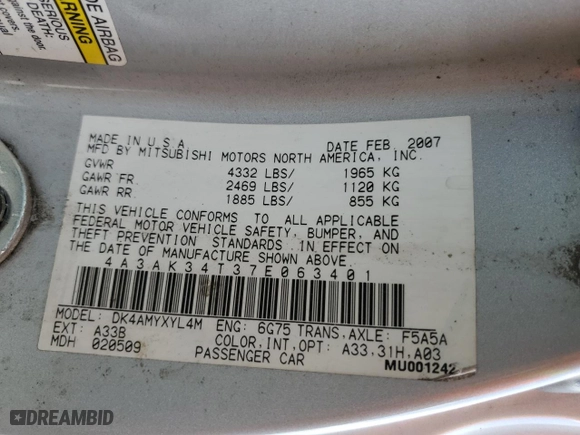 2007 Mitsubishi Eclipse GT with VIN 4A3AK34T37E063401, listed as a Copart auction lot 70760944 with 166,641 mi miles and Salvage Title. Bid and sale history available at carsss.com. Image 12.
