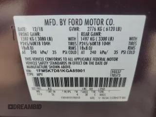 2019 Ford Explorer XLT с VIN 1FM5K7D81KGA85901, выставлен на аукционе Copart как лот 60376215 с пробегом 43 573 миль миль и Списание • Salvage title. История ставок и продаж доступна на DreamBid. Изображение 13.
