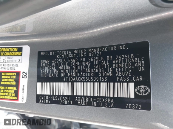 2025 Toyota Camry LE with VIN 4T1DAACK5SU539156, listed as a IAAI auction lot 42054268 with 5,705 mi miles and . Bid and sale history available at DreamBid. Image 9.