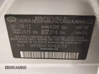 2013 Hyundai Sonata GLS z VIN 5NPEB4ACXDH620718, wystawiony jako IAAI lot #42450301 z przebiegiem 164 170 mil mil oraz . Historia ofert i sprzedaży dostępna na DreamBid. Obrazek 9.