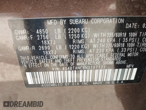 2022 Subaru Outback Limited z VIN 4S4BTANC8N3197171, wystawiony jako IAAI lot #42142957 z przebiegiem 49 991 mil mil oraz . Historia ofert i sprzedaży dostępna na DreamBid. Obrazek 9.
