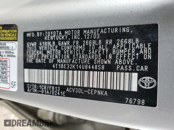 2004 Toyota Camry LE z VIN 4T1BE32K14U844858, wystawiony jako Copart lot #57564715 z przebiegiem 242 775 mil mil oraz Czysty tytuł • Clean title. Historia ofert i sprzedaży dostępna na DreamBid. Obrazek 12.
