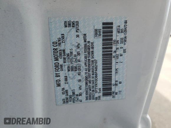2006 Ford Ranger XL with VIN 1FTYR10D66PA82107, listed as a Copart auction lot 53112665 with 64,287 mi miles and Salvage title. Bid and sale history available at DreamBid. Image 15.
