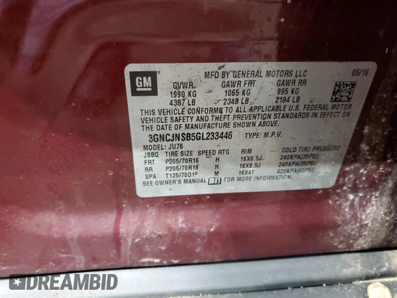 2016 Chevrolet Trax LS with VIN 3GNCJNSB5GL233446, listed as a Copart auction lot 50206335 with 64,050 mi miles and Salvage Title. Bid and sale history available at carsss.com. Image 13.