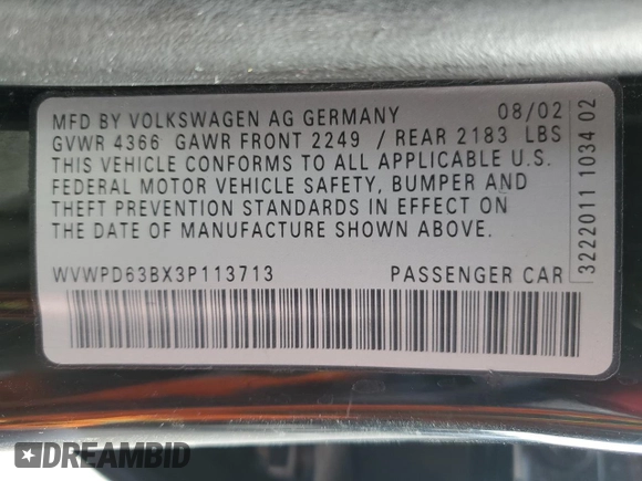 2003 Volkswagen Passat GLS z VIN WVWPD63BX3P113713, wystawiony jako Copart lot #46002415 z przebiegiem 206 144 mil mil oraz Szkoda całkowita • Salvage title. Historia ofert i sprzedaży dostępna na DreamBid. Obrazek 12.