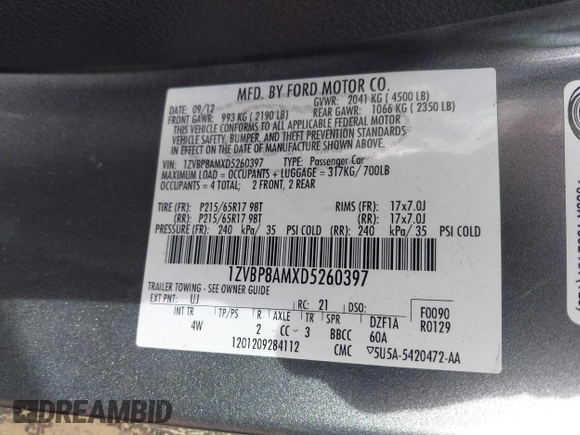2013 Ford Mustang V6 with VIN 1ZVBP8AMXD5260397, listed as a IAAI auction lot 41729133 with 138,797 mi miles. Bid and sale history available at carsss.com. Image 9.