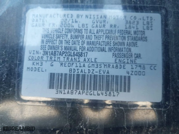 2016 Nissan Sentra SR with VIN 3N1AB7AP2GL645817, listed as a IAAI auction lot 41810995 with 112,005 mi miles. Bid and sale history available at carsss.com. Image 9.