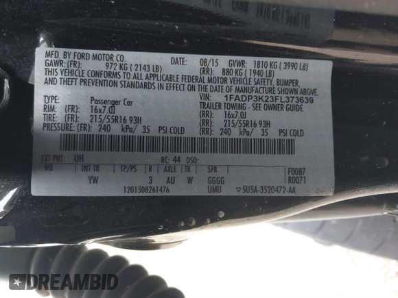 2015 Ford Focus SE with VIN 1FADP3K23FL373639, listed as a IAAI auction lot 41525834 with 62,170 mi miles. Bid and sale history available at carsss.com. Image 9.