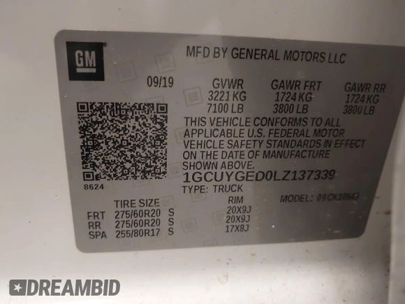 2020 Chevrolet Silverado 1500 LTZ with VIN 1GCUYGED0LZ137339, listed as a IAAI auction lot 41345010 with 131,216 mi miles and . Bid and sale history available at DreamBid. Image 9.
