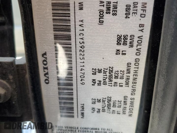 2005 Volvo XC90 with VIN YV1CY592251147049, listed as a Copart auction lot 59887064 with 0 mi miles and Salvage Title. Bid and sale history available at carsss.com. Image 13.