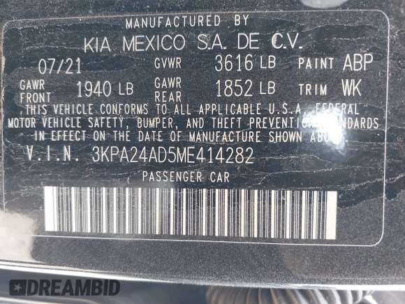 2021 Kia Rio S with VIN 3KPA24AD5ME414282, listed as a IAAI auction lot 41879862 with 68,314 mi miles and . Bid and sale history available at DreamBid. Image 9.