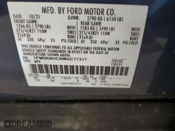 2021 Ford Explorer Platinum с VIN 1FM5K8HC8MGC17317, выставлен на аукционе Copart как лот 55221625 с пробегом 52 485 миль миль и Списание • Salvage title. История ставок и продаж доступна на DreamBid. Изображение 13.