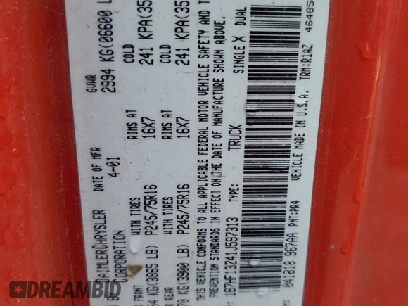 2001 Dodge 1500 z VIN 1B7HF13Z41J597313, wystawiony jako Copart lot #57720805 z przebiegiem 161 711 mil mil oraz Szkoda całkowita • Salvage title. Historia ofert i sprzedaży dostępna na DreamBid. Obrazek 12.