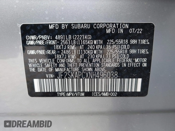 2022 Subaru Forester Limited z VIN JF2SKAPCXNH496038, wystawiony jako IAAI lot #42416465 z przebiegiem 29 670 mil mil oraz . Historia ofert i sprzedaży dostępna na DreamBid. Obrazek 9.