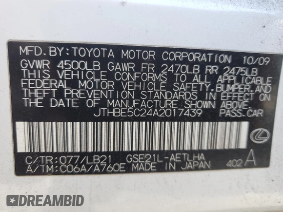 2010 Lexus IS 350 with VIN JTHBE5C24A2017439, listed as a Copart auction lot 85369904 with 157,074 mi miles and Salvage title. Bid and sale history available at DreamBid. Image 12.