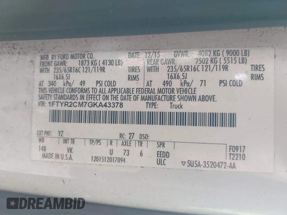 2016 Ford Transit Cargo with VIN 1FTYR2CM7GKA43378, listed as a IAAI auction lot 41598342 with 227,575 mi miles and . Bid and sale history available at DreamBid. Image 9.