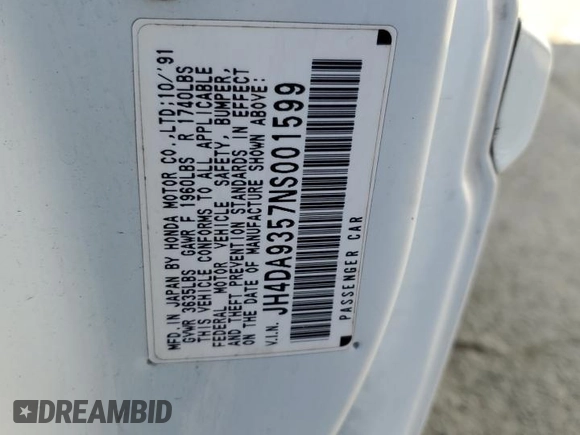 1992 Acura Integra with VIN JH4DA9357NS001599, listed as a Copart auction lot 83796424 with 188,218 mi miles and Salvage title. Bid and sale history available at DreamBid. Image 12.