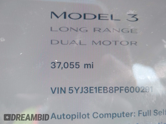 2023 Tesla Model 3 Long Range with VIN 5YJ3E1EB8PF600291, listed as a IAAI auction lot 41651156 with 37,055 mi miles and . Bid and sale history available at DreamBid. Image 14.