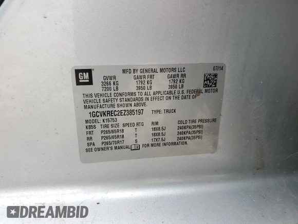 2014 Chevrolet Silverado 1500 LT with VIN 1GCVKREC2EZ385197, listed as a Copart auction lot 56010435 with 175,307 mi miles and Clean Title. Bid and sale history available at DreamBid. Image 12.