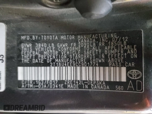 2012 Toyota Corolla L with VIN 2T1BU4EE9CC901774, listed as a Copart auction lot 45990555 with 96,437 mi miles and Salvage Title. Bid and sale history available at carsss.com. Image 14.