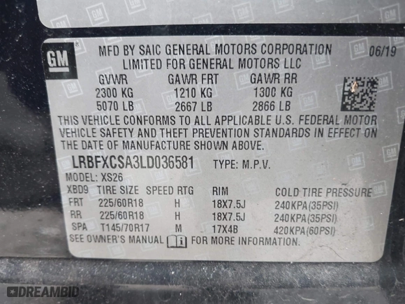 2020 Buick Envision Essence with VIN LRBFXCSA3LD036581, listed as a IAAI auction lot 41482864 with 42,106 mi miles. Bid and sale history available at carsss.com. Image 9.