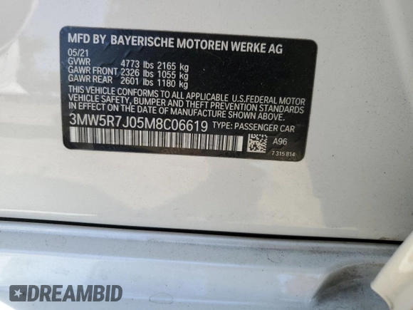 2021 BMW 3 Series 330i xDrive with VIN 3MW5R7J05M8C06619, listed as a Copart auction lot 54072555 with 25,208 mi miles and Salvage title. Bid and sale history available at DreamBid. Image 12.