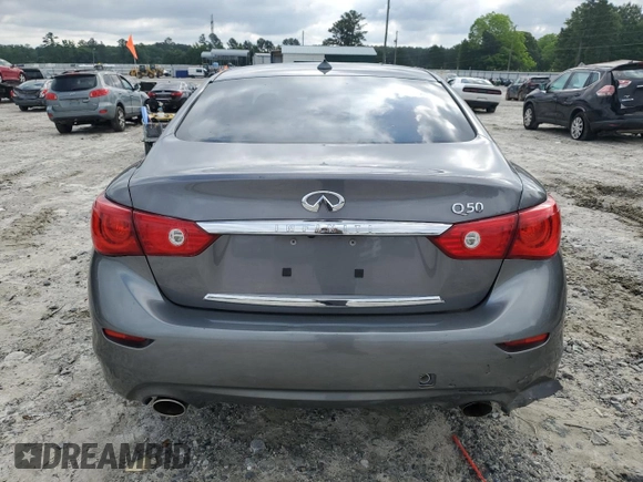 2014 Infiniti Q50 Premium with VIN JN1BV7APXEM675338, listed as a Copart auction lot 57125045 with 58,267 mi miles and Salvage title. Bid and sale history available at DreamBid. Image 6.