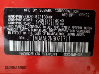 2022 Subaru WRX with VIN JF1VBAA62N9021711, listed as a Copart auction lot 45014705 with 6,719 mi miles and Salvage Title. Bid and sale history available at carsss.com. Image 12.