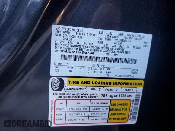 2022 Ford Expedition Limited with VIN 1FMJU1KT3NEA65260, listed as a Copart auction lot 88045055 with 57,834 mi miles and Salvage Title. Bid and sale history available at carsss.com. Image 14.