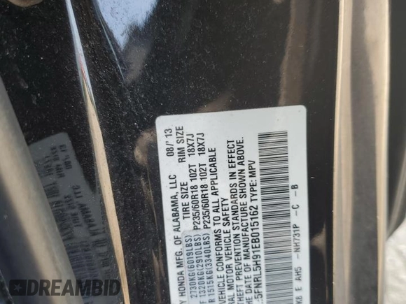 2014 Honda Odyssey Touring with VIN 5FNRL5H91EB015162, listed as a Copart auction lot 60643135 with 176,898 mi miles and Salvage title. Bid and sale history available at DreamBid. Image 13.