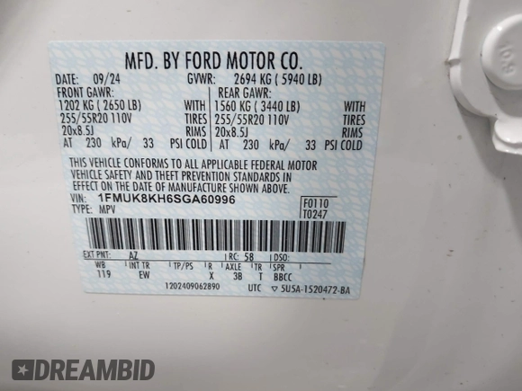 2025 Ford Explorer ST-Line with VIN 1FMUK8KH6SGA60996, listed as a IAAI auction lot 42404251 with 7,310 mi miles and . Bid and sale history available at DreamBid. Image 9.
