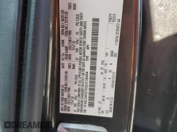 2016 Ford Escape SE with VIN 1FMCU0G73GUC34264, listed as a Copart auction lot 48526425 with 0 mi miles and Salvage Title. Bid and sale history available at carsss.com. Image 14.