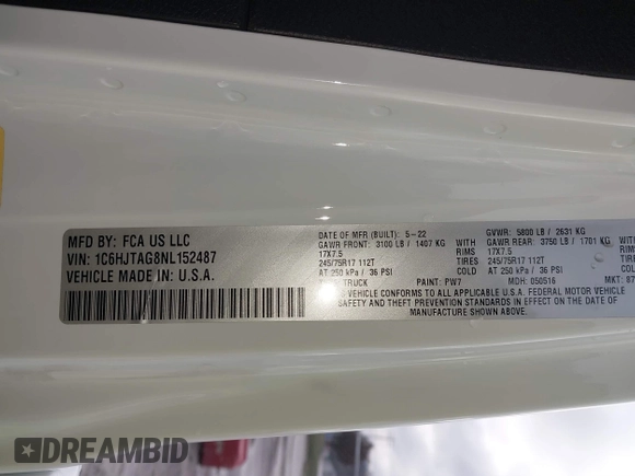 2022 Jeep Gladiator Texas Trail z VIN 1C6HJTAG8NL152487, wystawiony jako IAAI lot #41053737 z przebiegiem 49 411 mil mil oraz . Historia ofert i sprzedaży dostępna na DreamBid. Obrazek 9.