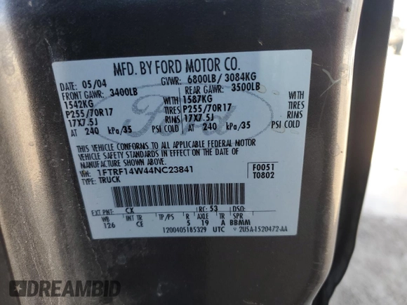 2004 Ford F-150 XL with VIN 1FTRF14W44NC23841, listed as a Copart auction lot 43536725 with 189,783 mi miles and Salvage title. Bid and sale history available at DreamBid. Image 12.