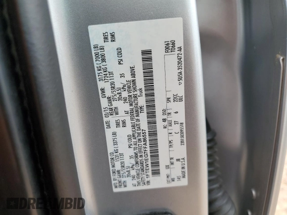 2015 Ford F-150 XLT с VIN 1FTEW1EG7FFA86557, выставлен на аукционе Copart как лот 55927575 с пробегом 124 812 миль миль и Списание • Salvage title. История ставок и продаж доступна на DreamBid. Изображение 12.