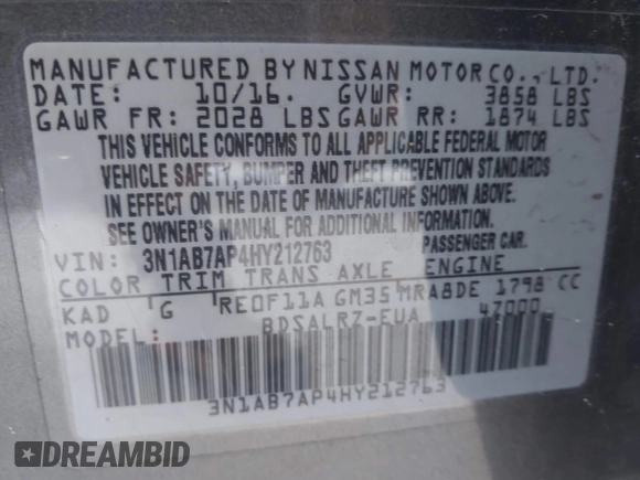2017 Nissan Sentra SR z VIN 3N1AB7AP4HY212763, wystawiony jako IAAI lot #41674826 z przebiegiem 133 075 mil mil oraz . Historia ofert i sprzedaży dostępna na DreamBid. Obrazek 9.
