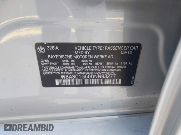 2013 BMW 3 Series 328i with VIN WBA3C1G50DNN93277, listed as a IAAI auction lot 42448381 with 83,758 mi miles and . Bid and sale history available at DreamBid. Image 9.