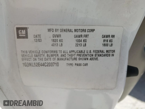 2004 Oldsmobile Alero GL1 with VIN 1G3NL52E44C203710, listed as a Copart auction lot 53755505 with 180,582 mi miles and Salvage Title. Bid and sale history available at DreamBid. Image 12.