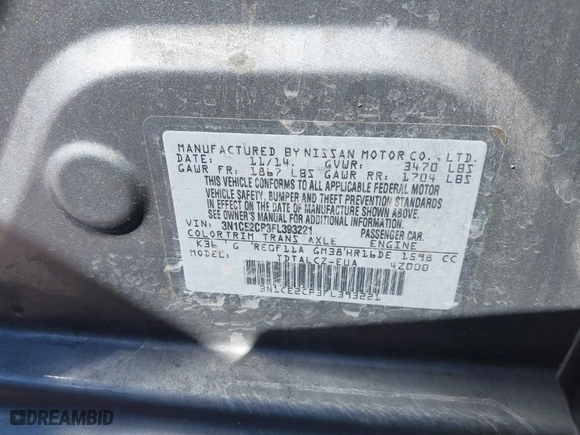 2015 Nissan Versa Note S with VIN 3N1CE2CP3FL393221, listed as a IAAI auction lot 41743098 with 119,502 mi miles. Bid and sale history available at carsss.com. Image 9.