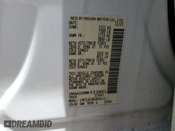 2021 Nissan Titan Pro-4X z VIN 1N6AA1ED0MN533801, wystawiony jako Copart lot #53301215 z przebiegiem 41 991 mil mil oraz Szkoda całkowita • Salvage title. Historia ofert i sprzedaży dostępna na DreamBid. Obrazek 12.