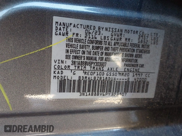 2023 Nissan Sentra S with VIN 3N1AB8BV6PY303907, listed as a IAAI auction lot 41606679 with 226,214 mi miles and . Bid and sale history available at DreamBid. Image 9.