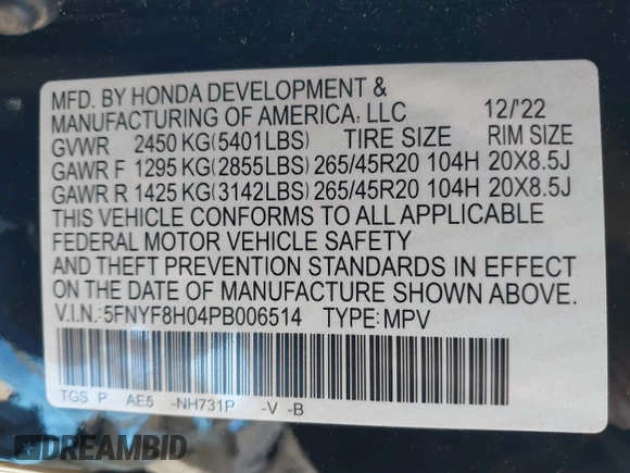 2023 Honda Passport Elite with VIN 5FNYF8H04PB006514, listed as a IAAI auction lot 41537826 with 14,640 mi miles and . Bid and sale history available at DreamBid. Image 9.