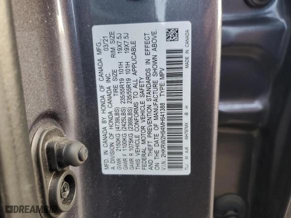 2021 Honda CR-V Touring with VIN 2HKRW2H94MH641388, listed as a Copart auction lot 87692045 with 56,145 mi miles and Salvage Title. Bid and sale history available at carsss.com. Image 13.
