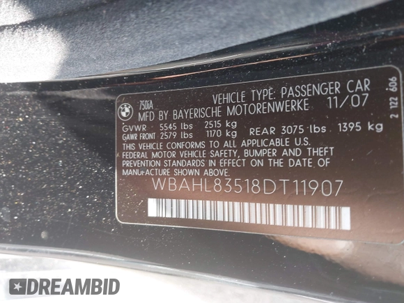 2008 BMW 7 Series 750i with VIN WBAHL83518DT11907, listed as a IAAI auction lot 42553319 with 185,925 mi miles and . Bid and sale history available at DreamBid. Image 9.
