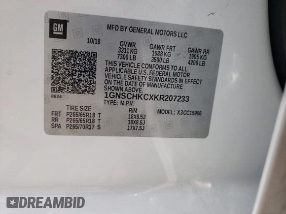 2019 Chevrolet Suburban LT with VIN 1GNSCHKCXKR207233, listed as a Copart auction lot 55410464 with 107,500 mi miles and Salvage Title. Bid and sale history available at DreamBid. Image 15.