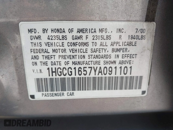 2000 Honda Accord EX with VIN 1HGCG1657YA091101, listed as a IAAI auction lot 42522505 with 152,076 mi miles and . Bid and sale history available at DreamBid. Image 9.