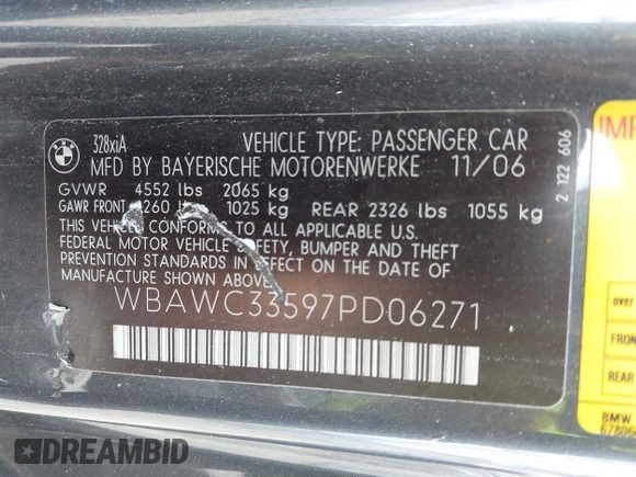2007 BMW 3 Series 328xi with VIN WBAWC33597PD06271, listed as a IAAI auction lot 42229552 with Not Provided miles and . Bid and sale history available at DreamBid. Image 9.